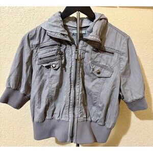 Maurices Womens XL Jacket Detachable Hood Grey Cropped Short Sleeve Utility